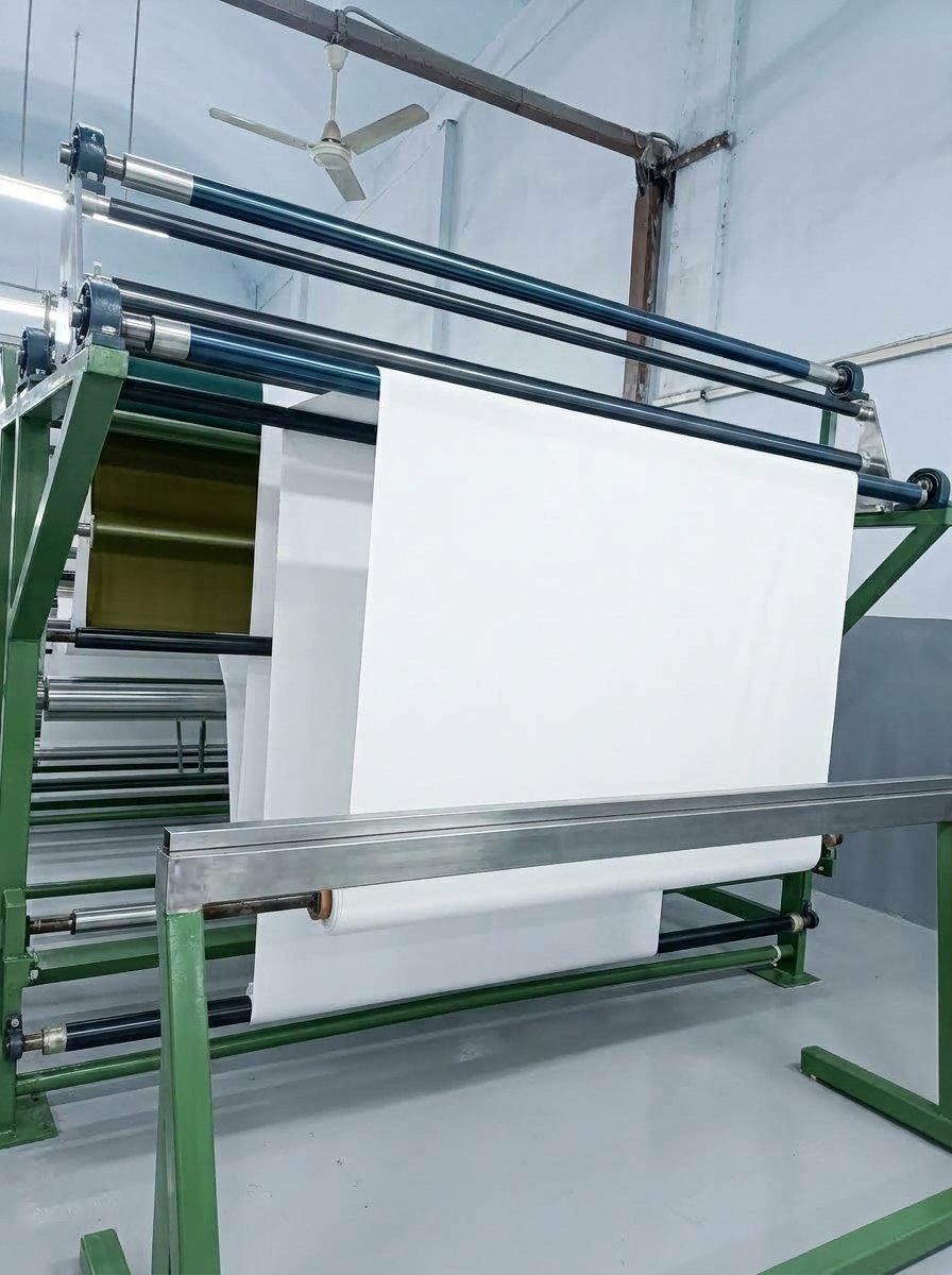 White fabric passing through mill equipment